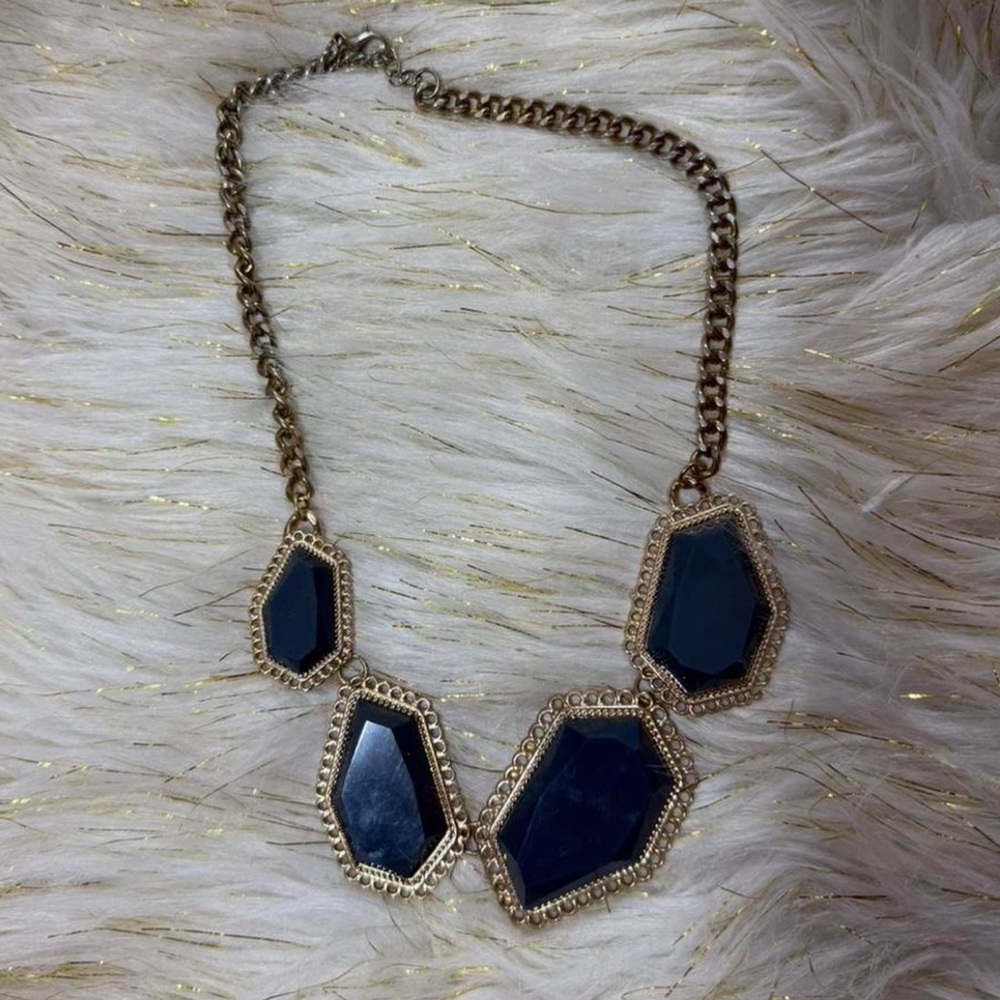 Dark blue gem statement necklace with gold tone chain 2010s style tumblr teacher